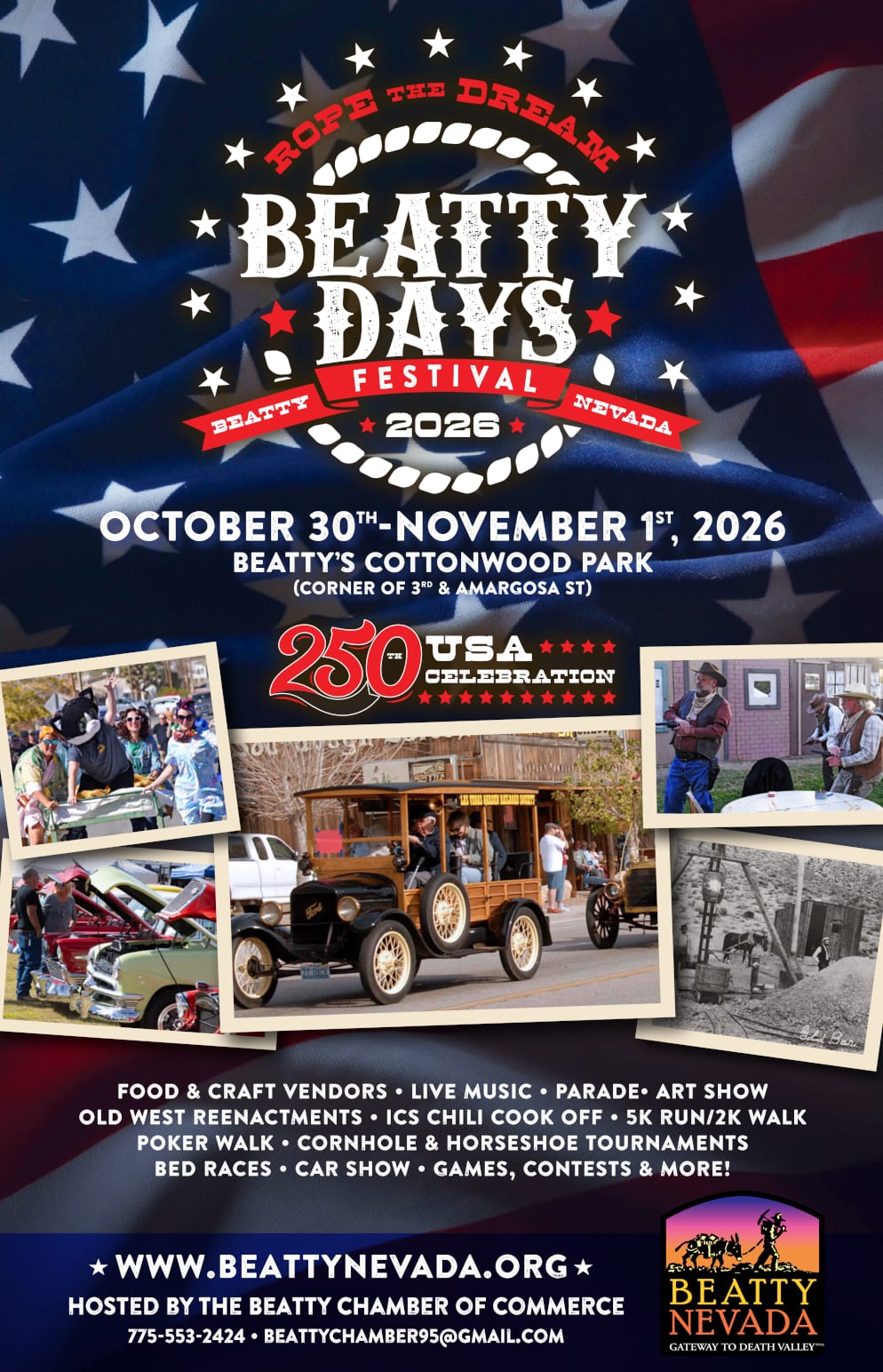 Beatty Days Festival 2026 poster — October 30 to November 1, 2026, Beatty's Cottonwood Park, corner of 3rd and Amargosa St. A 250th USA celebration. Food and craft vendors, live music, parade, art show, Old West reenactments, ICS chili cook off, 5K run and 2K walk, poker walk, cornhole and horseshoe tournaments, bed races, car show. Hosted by the Beatty Chamber of Commerce, 775-553-2424.