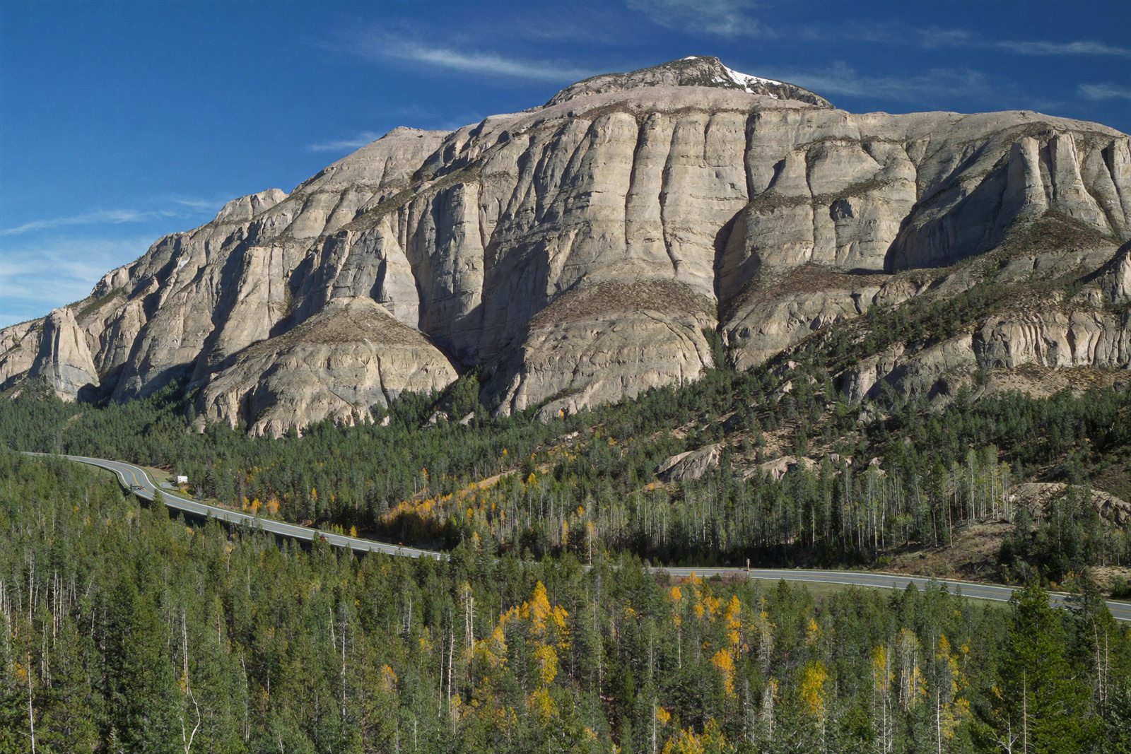 Pale limestone cliffs of the Spring Mountains above a pine forest and canyon road near Mt. Charleston